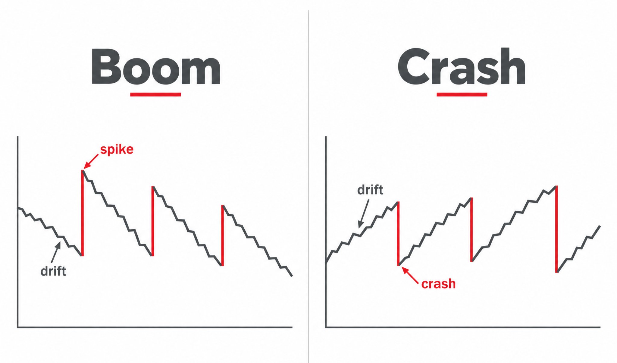 The idealised shape of Boom and Crash: drift is the setup, the spike is the event.