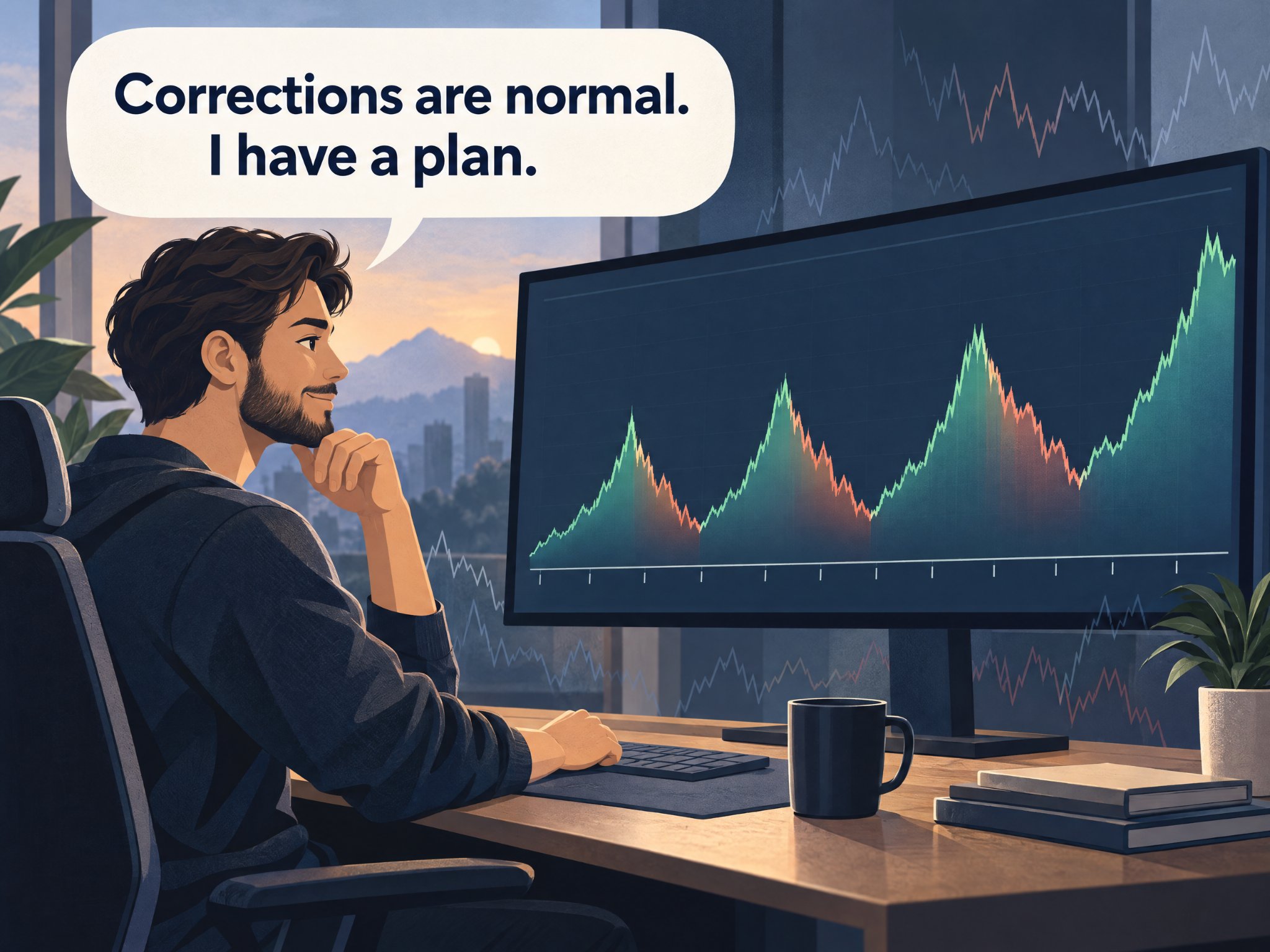 An illustration of a calm trader reviewing long-term market trends across multiple cycles on a multi-monitor setup.