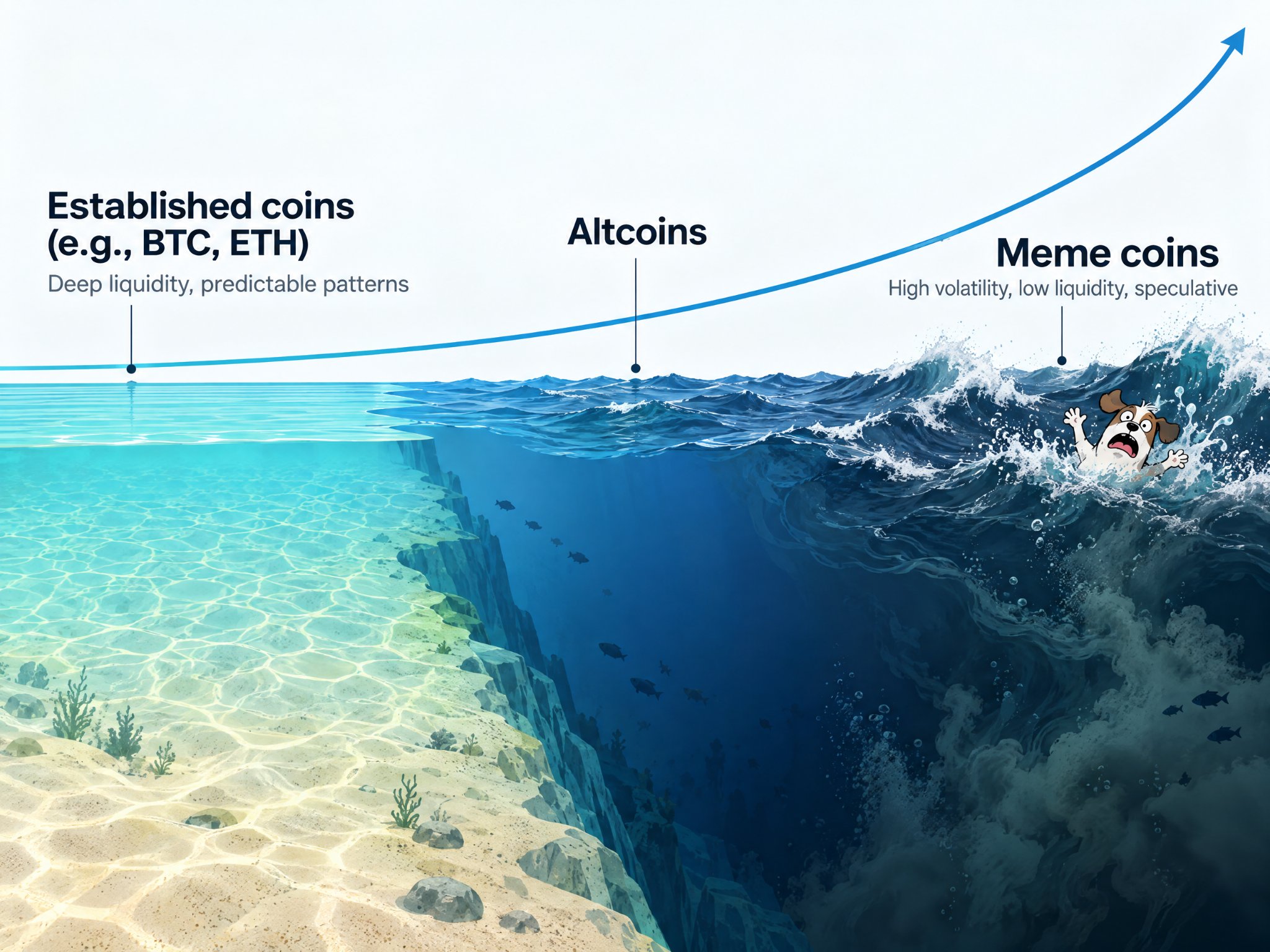 A conceptual risk curve diagram showing a transition from stable established coins in shallow water to volatile meme coins in deep water.
