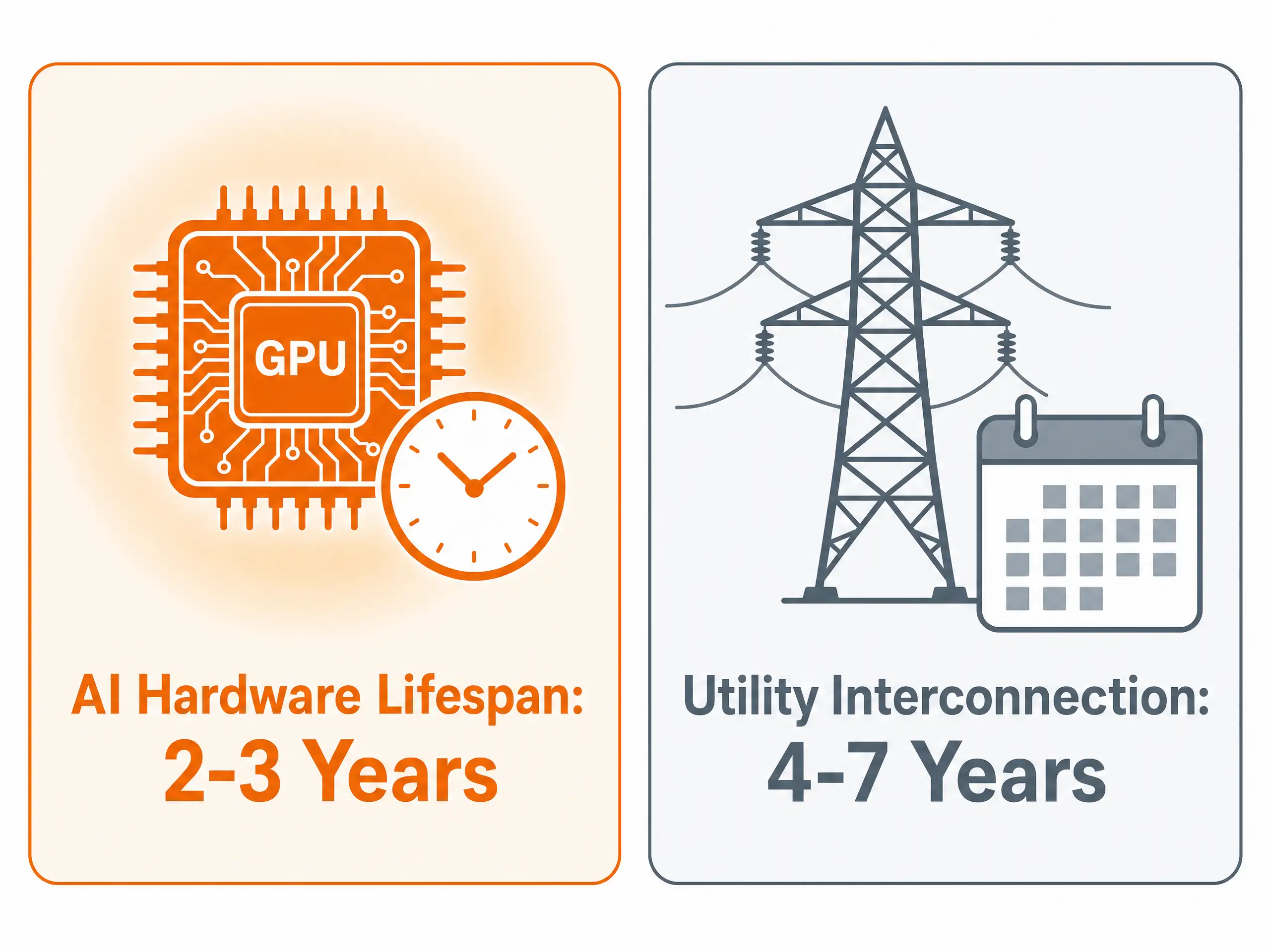 A side-by-side graphic. The left card features an orange GPU chip and a clock icon indicating an "AI Hardware Lifespan: 2-3 Years". The right card shows a gray power utility tower and a calendar icon indicating a "Utility Interconnection: 4-7 Years"