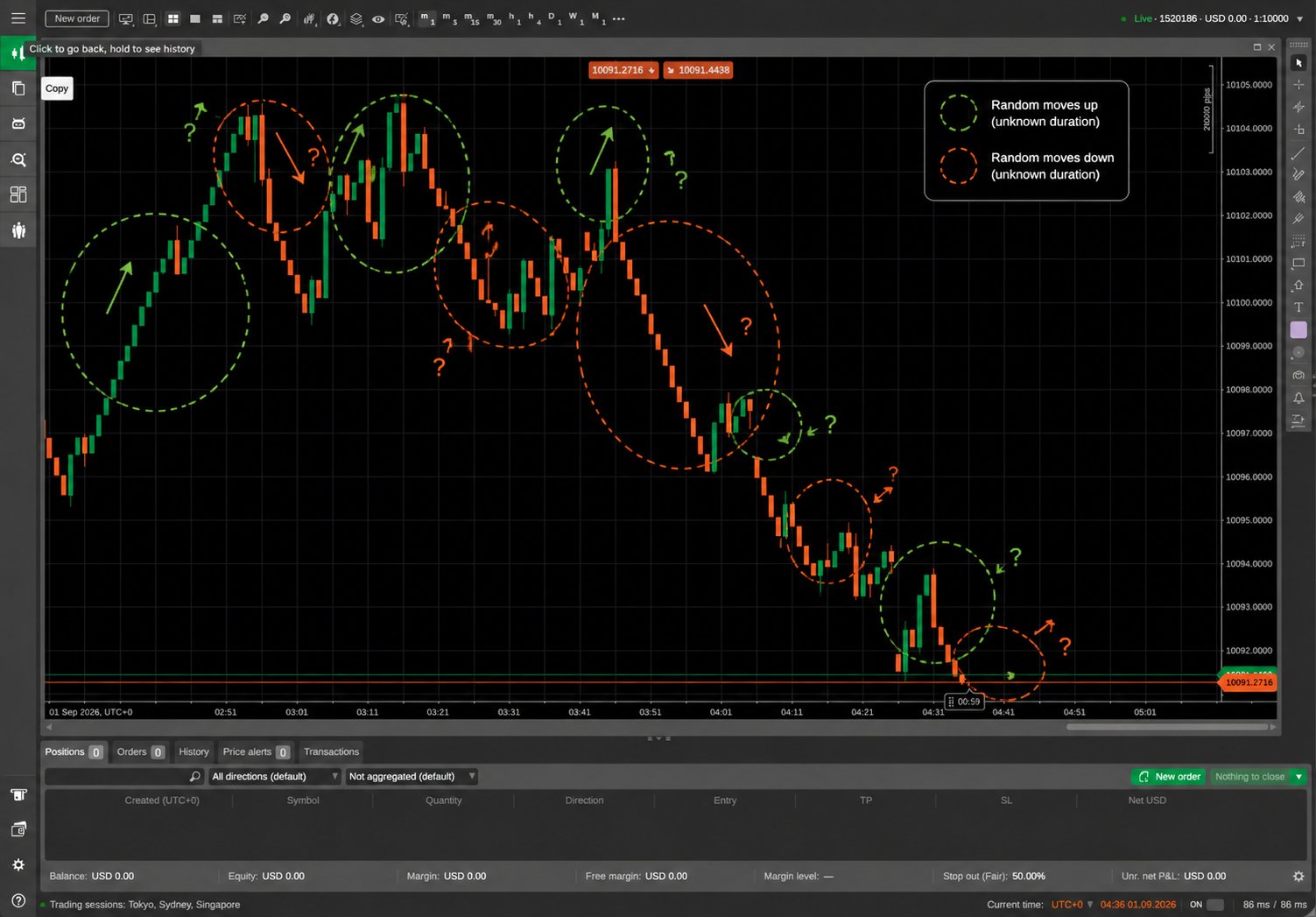 Crash Boom Flip price chart showing annotated random upward and downward price movements of unknown duration.