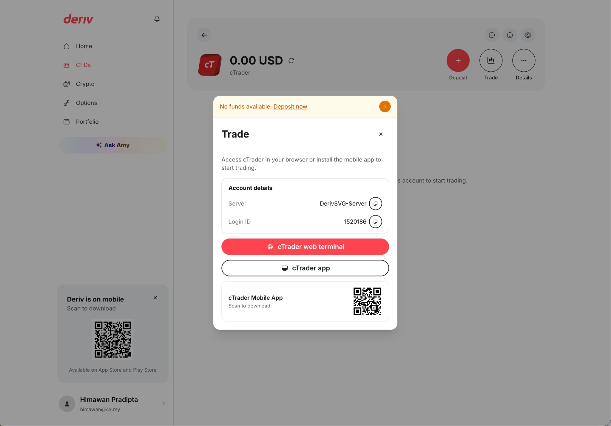 Screenshot of the Deriv cTrader hub showing account details modal with options to open cTrader web terminal or mobile app.
