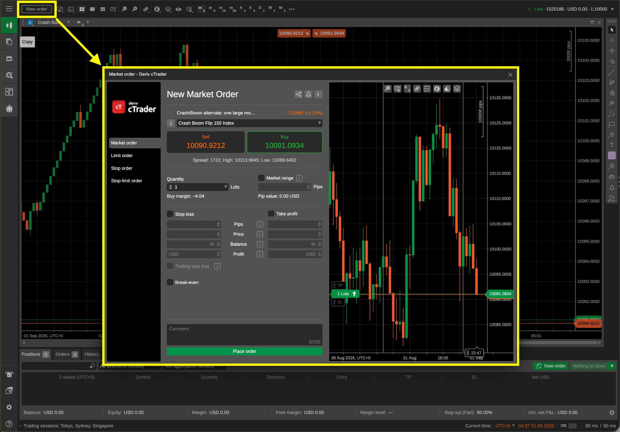 New Market Order window on Deriv cTrader highlighting options for entering trade quantity, buy/sell buttons, and order placement.
