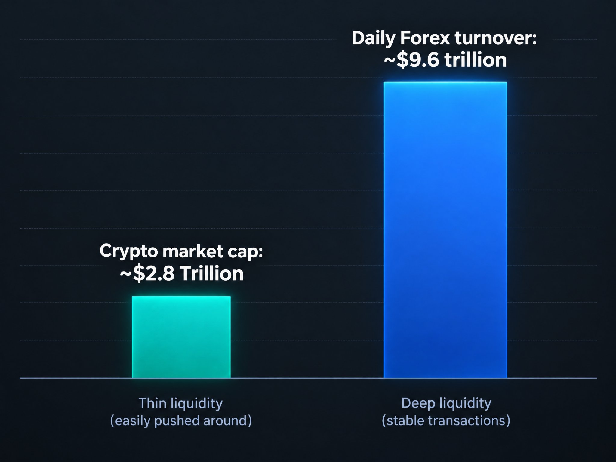 A financial bar chart comparing the total crypto market cap of $2.8 trillion against a daily forex turnover of $9.6 trillion.