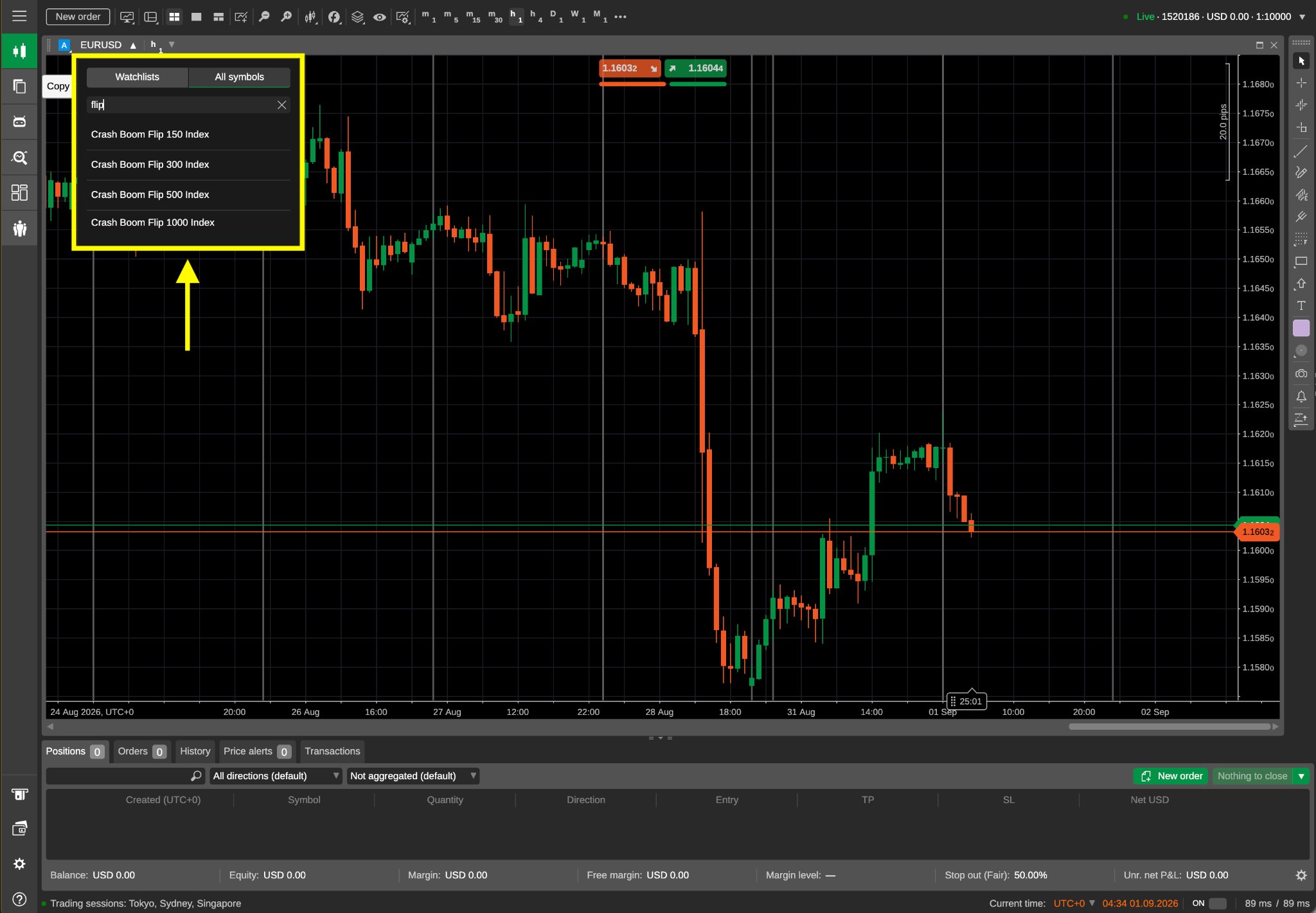 Searching 'flip' in the Deriv cTrader search bar displaying all four Crash Boom Flip indices (150, 300, 500, 1000).