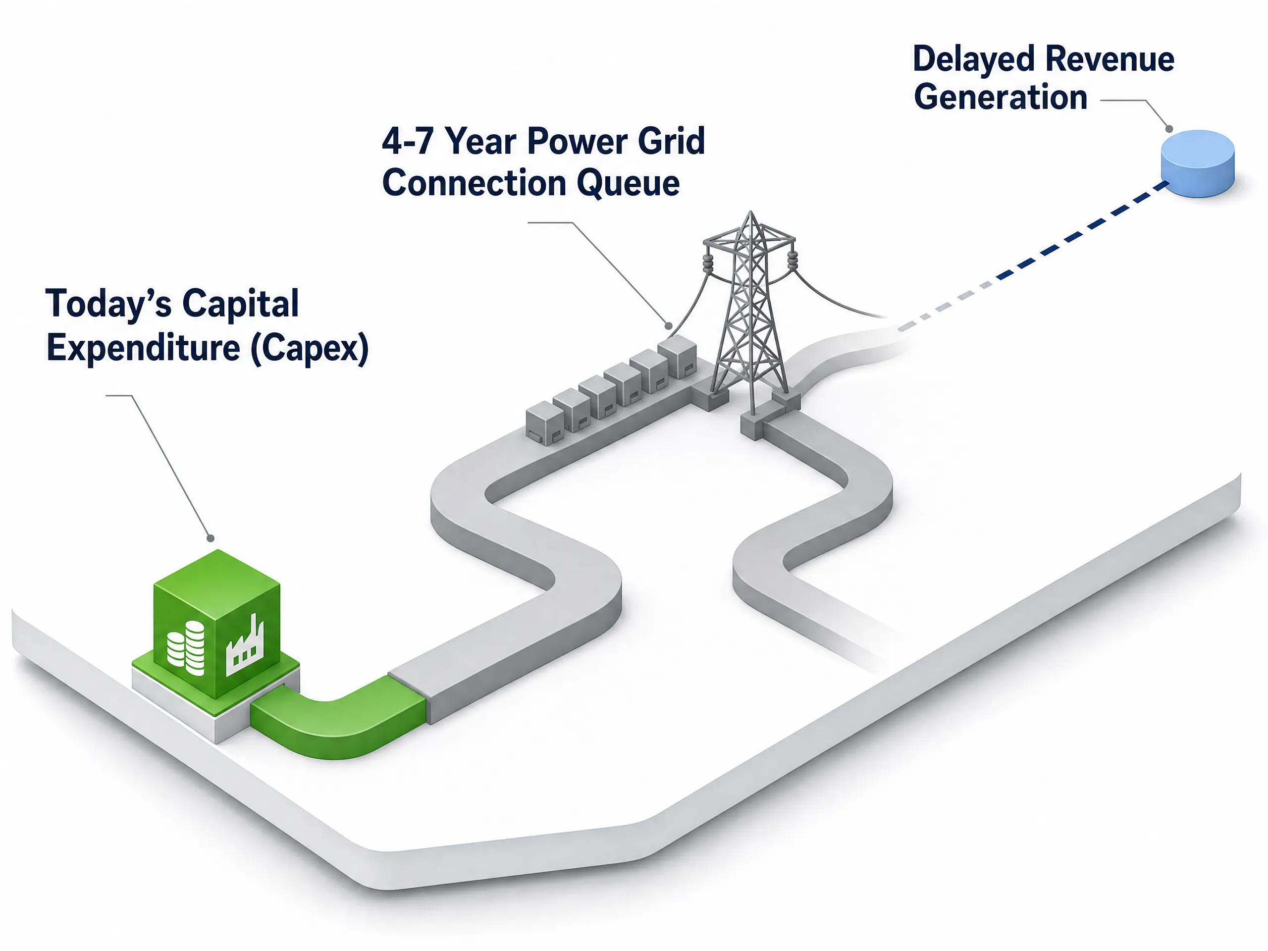 A pipeline diagram showing a green block on the left representing "Today's Capital Expenditure (Capex)" that connects via a long, gray winding path with a power line icon labeled "4-7 Year Power Grid Connection Queue" to a distant blue circle labeled "Delayed Revenue Generation"