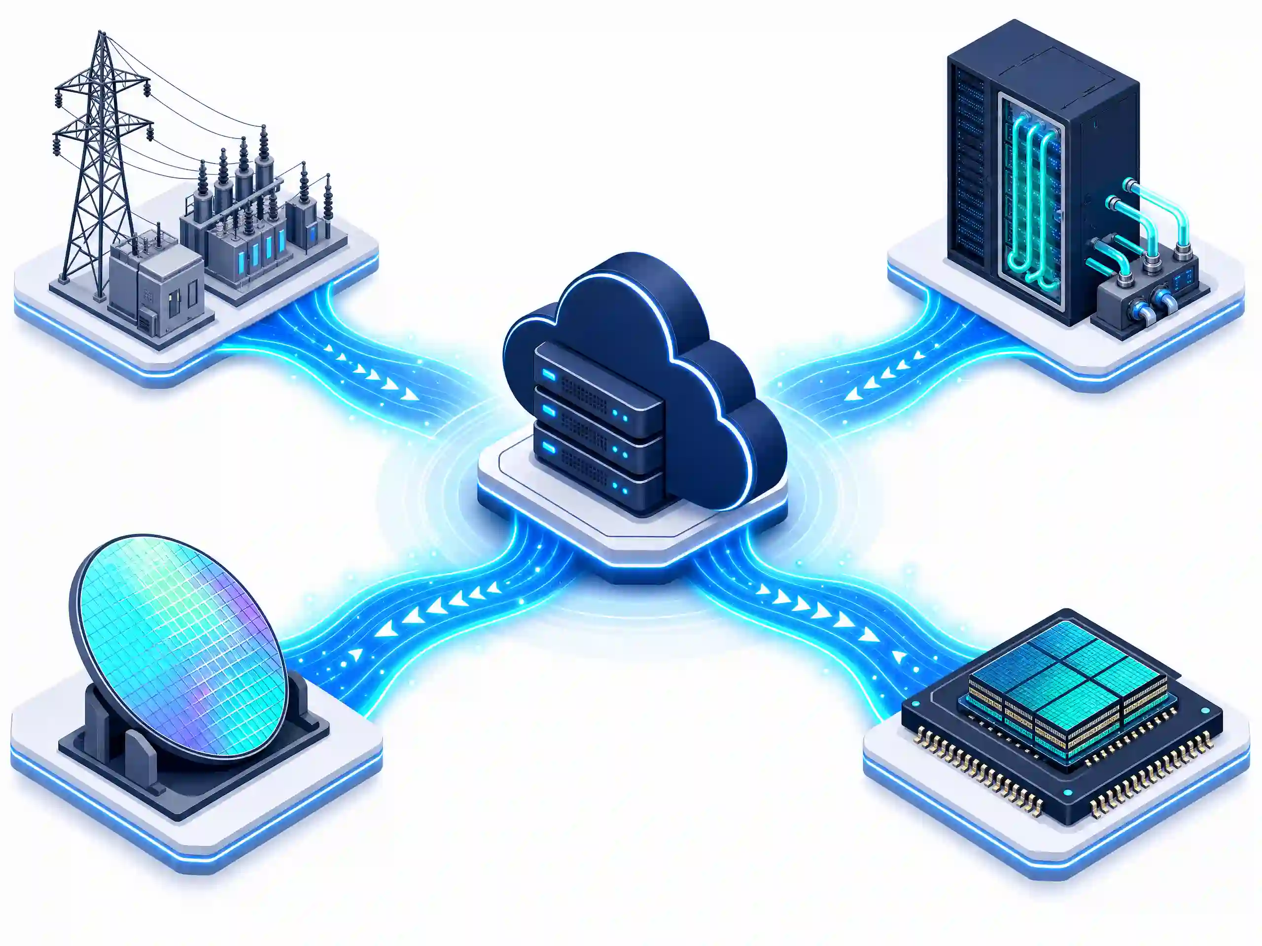 An isometric flowchart showing a central cloud server icon connected by flowing blue paths to four distinct physical infrastructure nodes: a power grid, a liquid-cooled server rack, a silicon wafer, and a microchip.