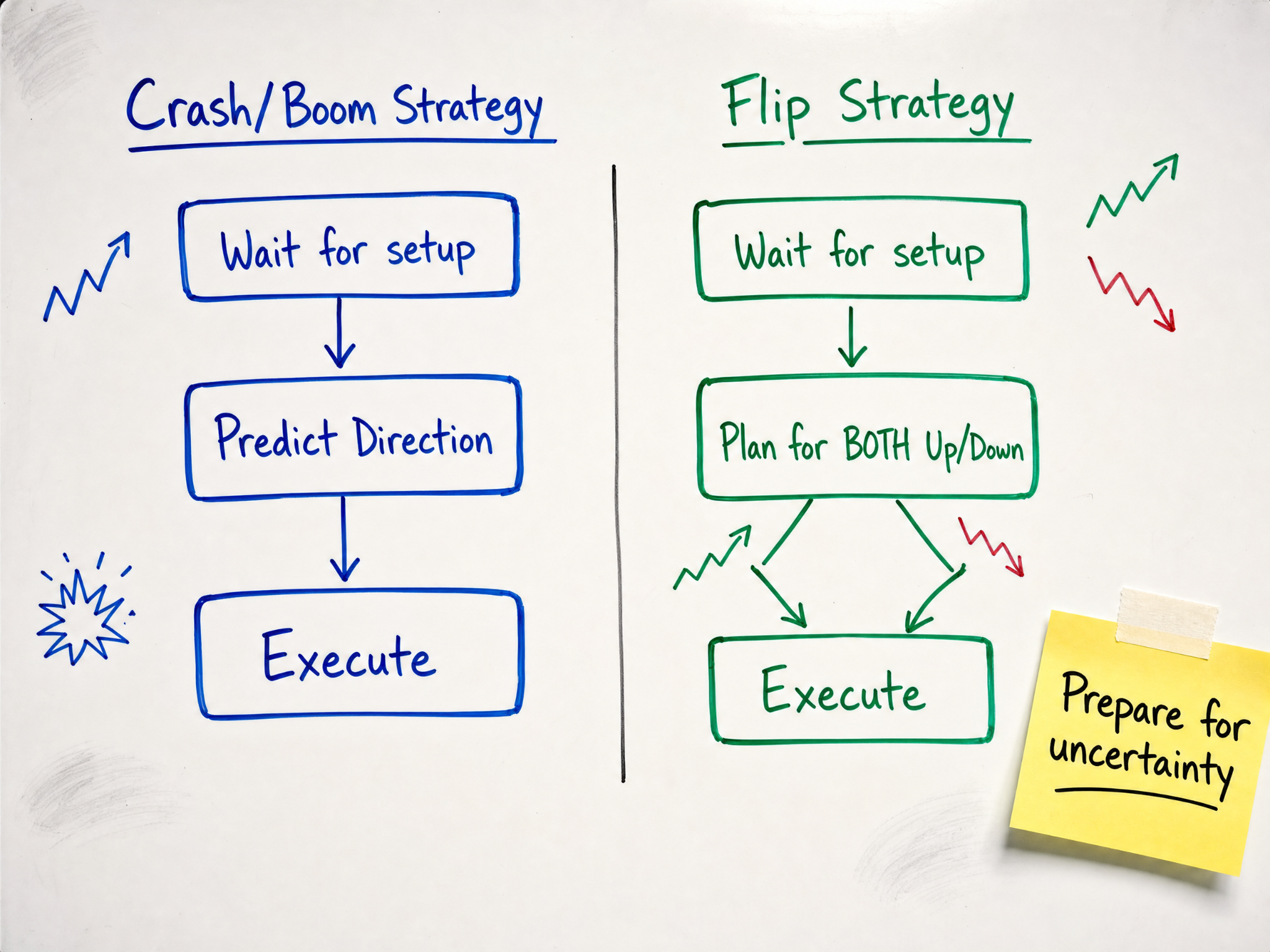 Flowchart comparing strategy approaches between predictable Crash/Boom indices and uncertain Flip indices.