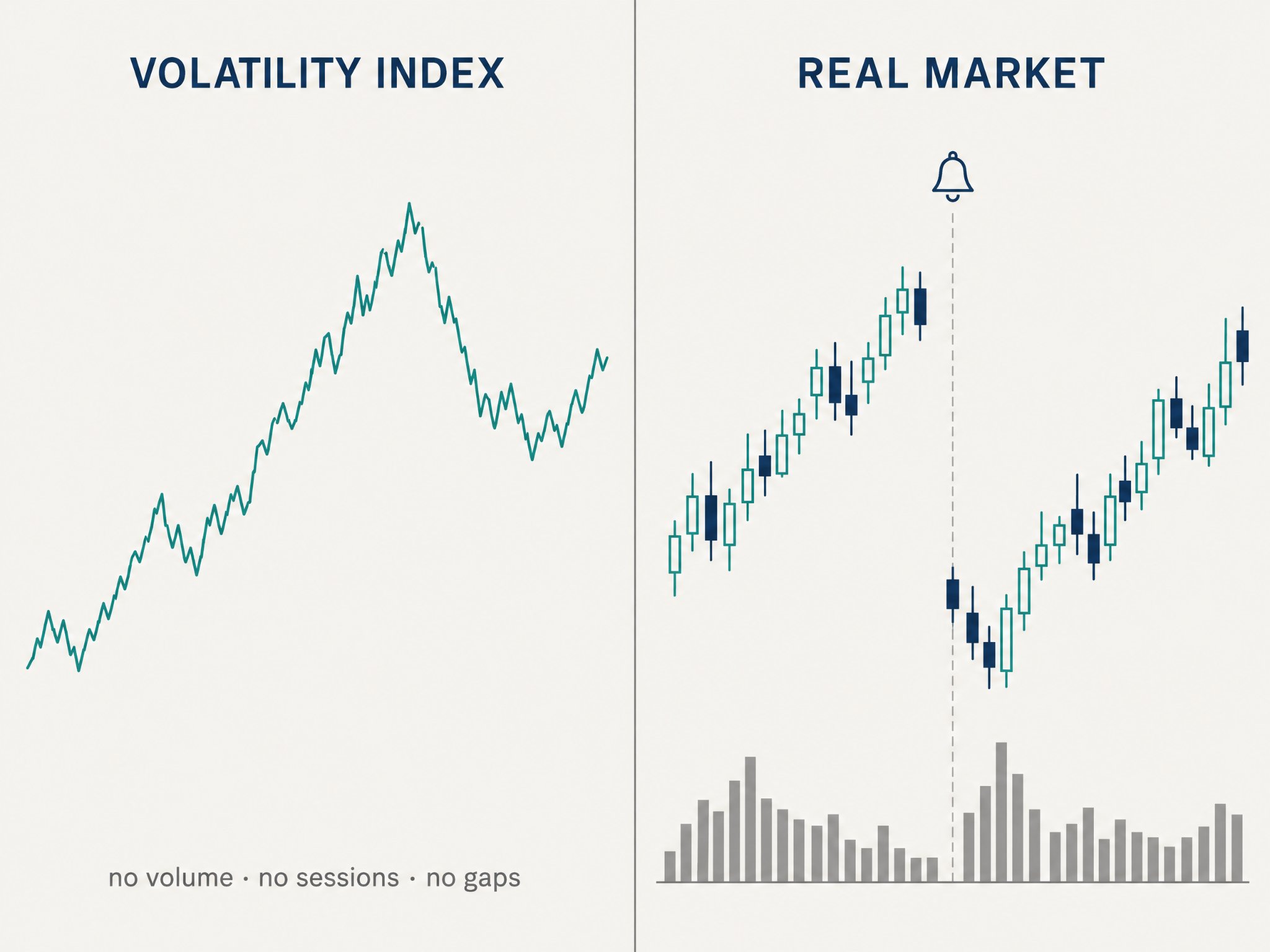 Diagram comparing a Volatility Index line chart with 'no volume, no sessions, no gaps' on the left, and a Real Market candlestick chart showing market open/close and volume bars on the right.