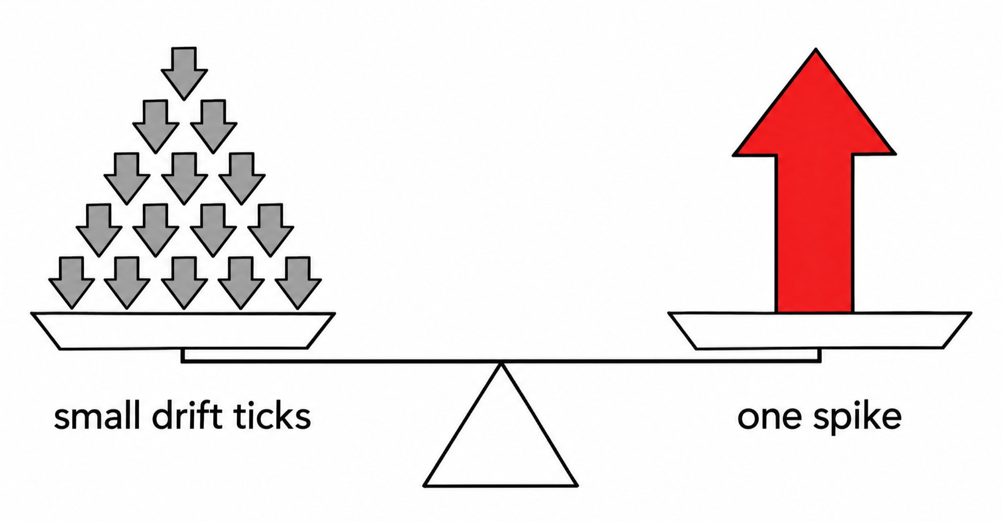 Many small steps down are offset by one large step up — the average is designed to net out, not to trend.