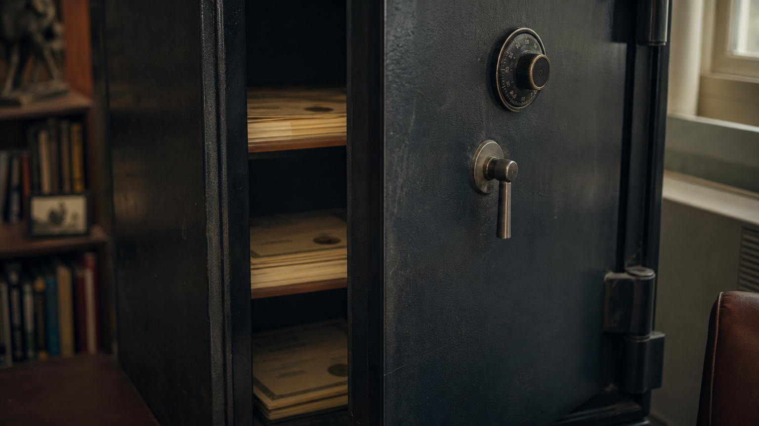 A locked safe holding share certificates, symbolising shares that cannot yet be sold