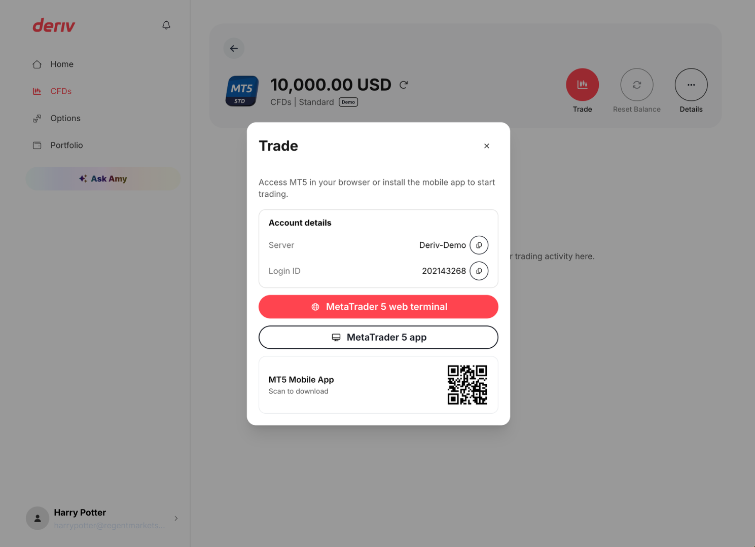 Deriv MT5 trade window displaying account details