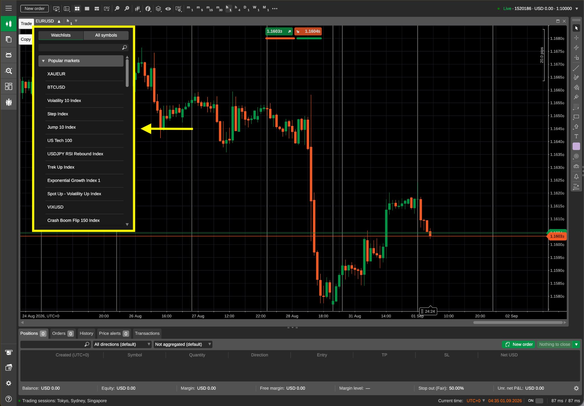 Deriv cTrader trading platform highlighting the symbol search panel with Crash Boom Flip Indices listed.