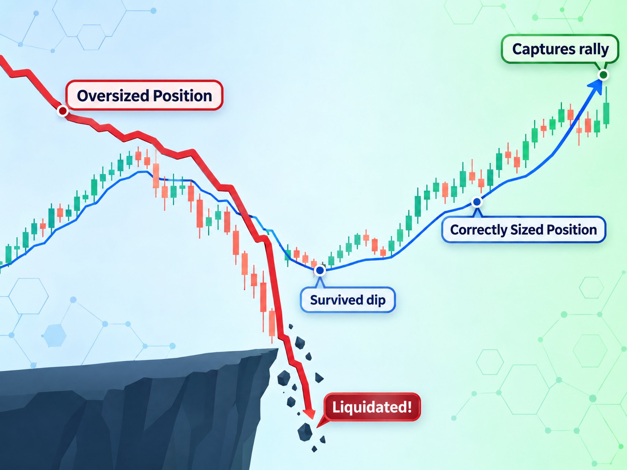 An infographic comparing an oversized crypto trading position getting liquidated during a market dip versus a properly sized position surviving the dip to capture a rally.