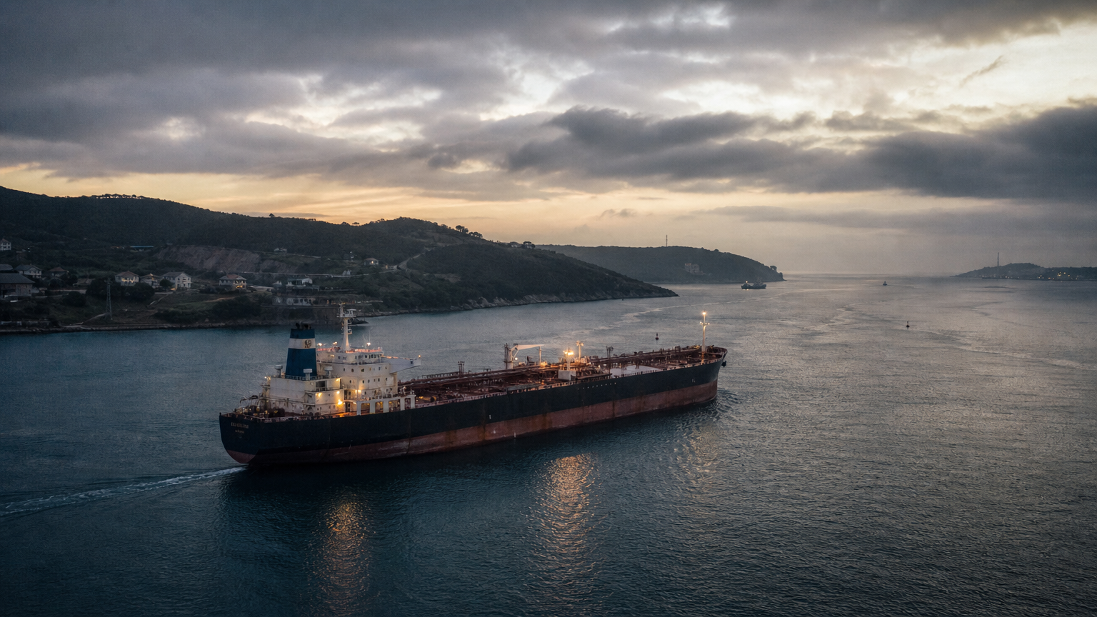 Un buque petrolero en el mar cerca de un estrecho marítimo.