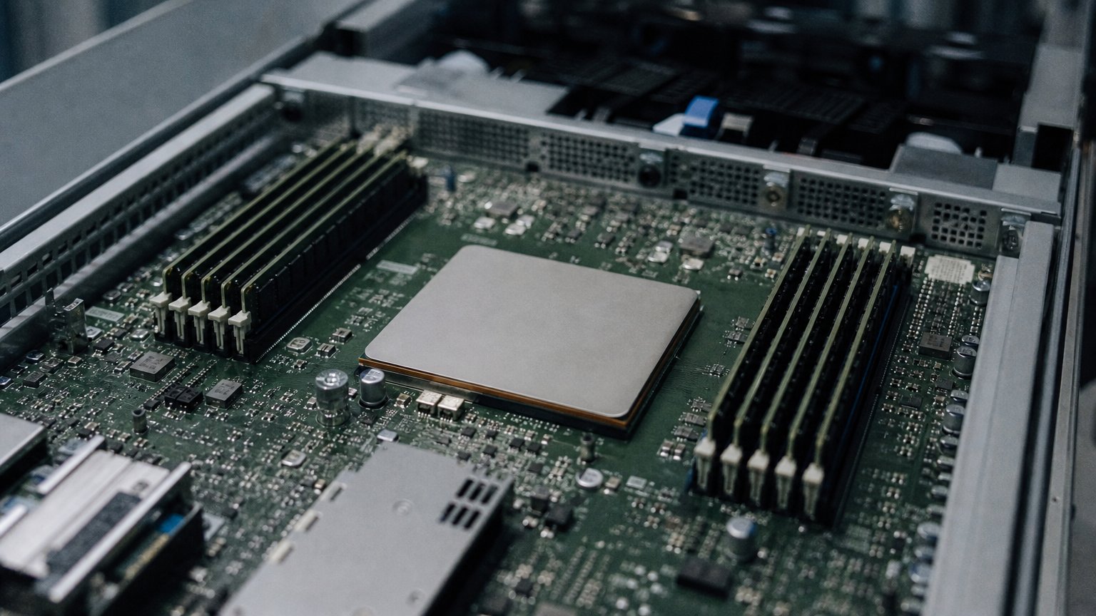Close-up of a custom semiconductor chip on a circuit board