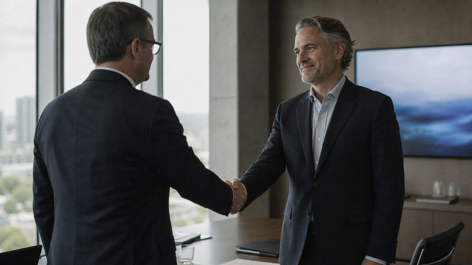 Two executives shaking hands in a calm corporate handover setting